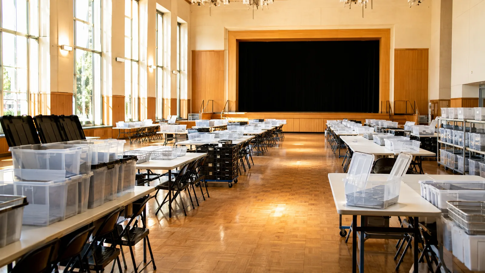 A daylit hall prepared for counting, long tables and stacked boxes