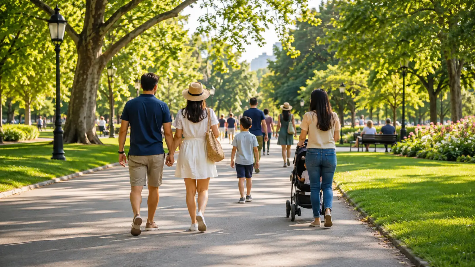 A sunlit city park on a holiday morning, people walking a tree-lined path seen from behind