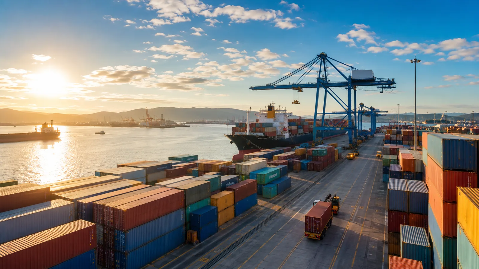A port container terminal in warm morning light, containers stacked in rows with a gantry crane in the distance