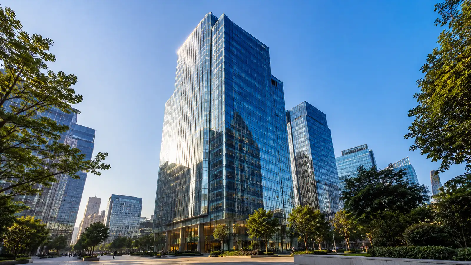 A glass financial district tower in warm late-morning light under a clear blue sky, with street trees below
