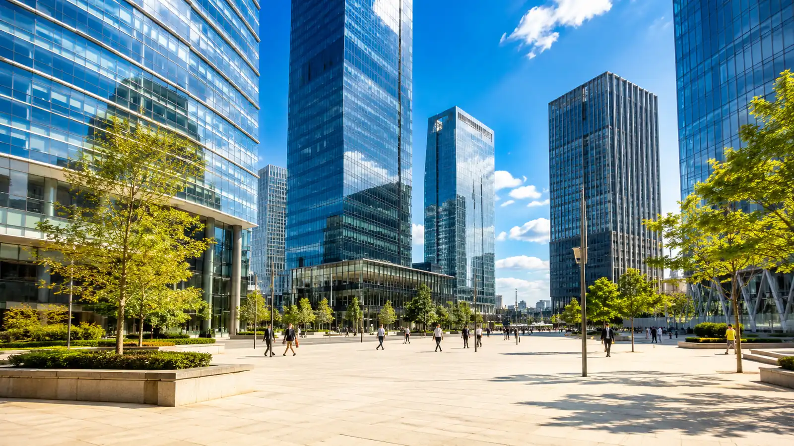 A sunlit plaza in front of glass office towers in Seoul, with distant pedestrians walking