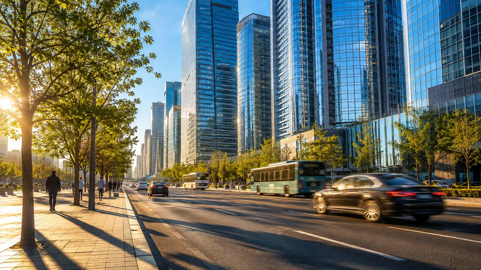 A wide avenue of glass financial-district towers in clear morning light, street trees along the sidewalk and traffic in motion