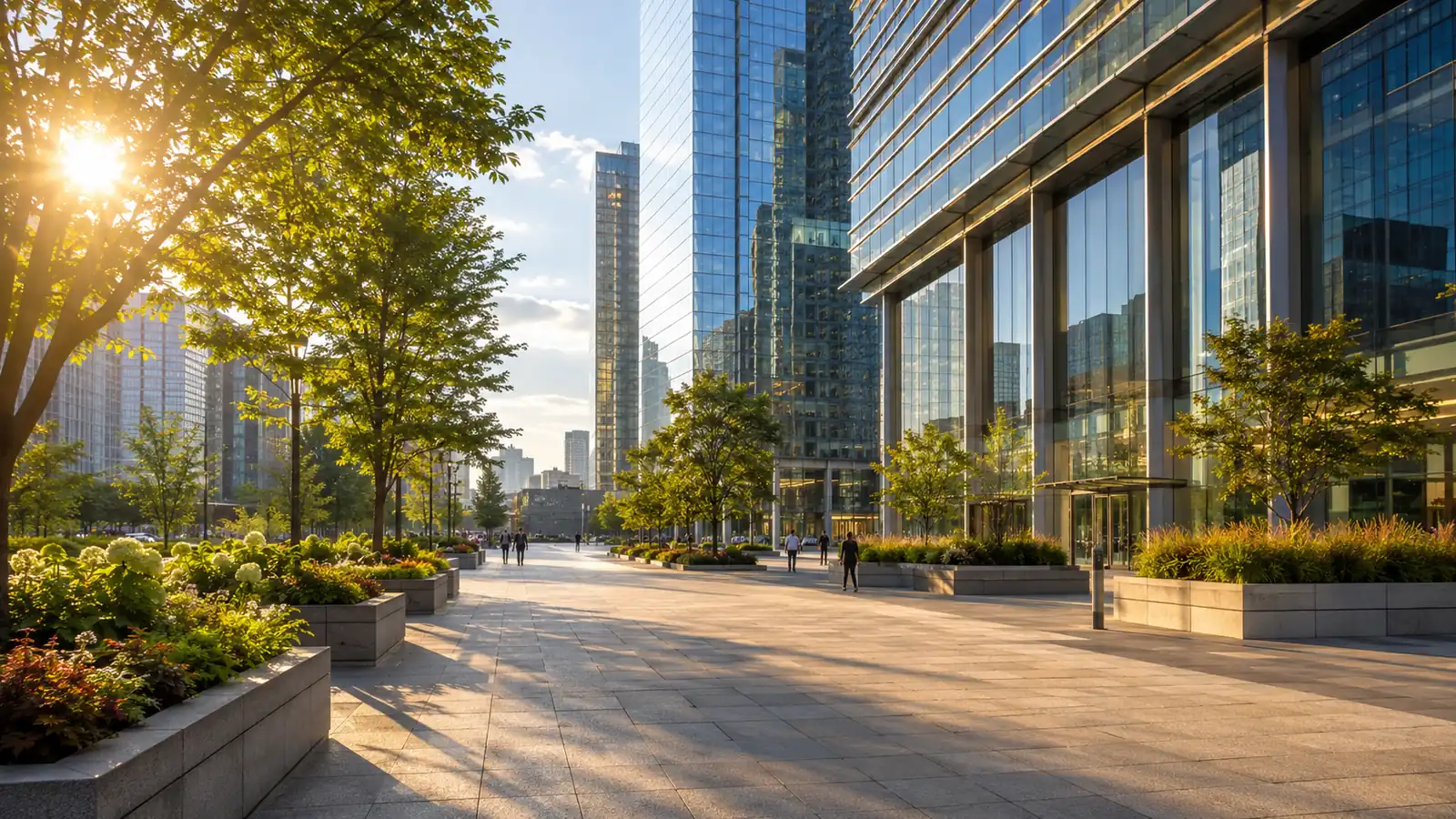 A sunlit city plaza in front of glass office towers on a late-summer afternoon, with distant pedestrians