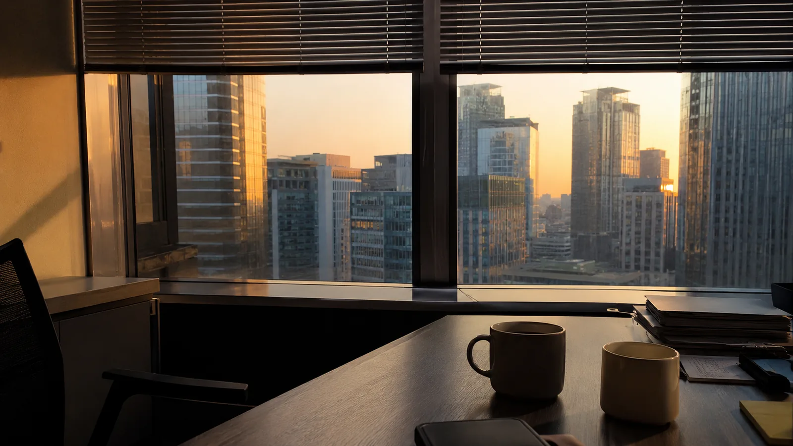 A Yeouido office window at sunset — blinds half raised, two coffee cups left behind