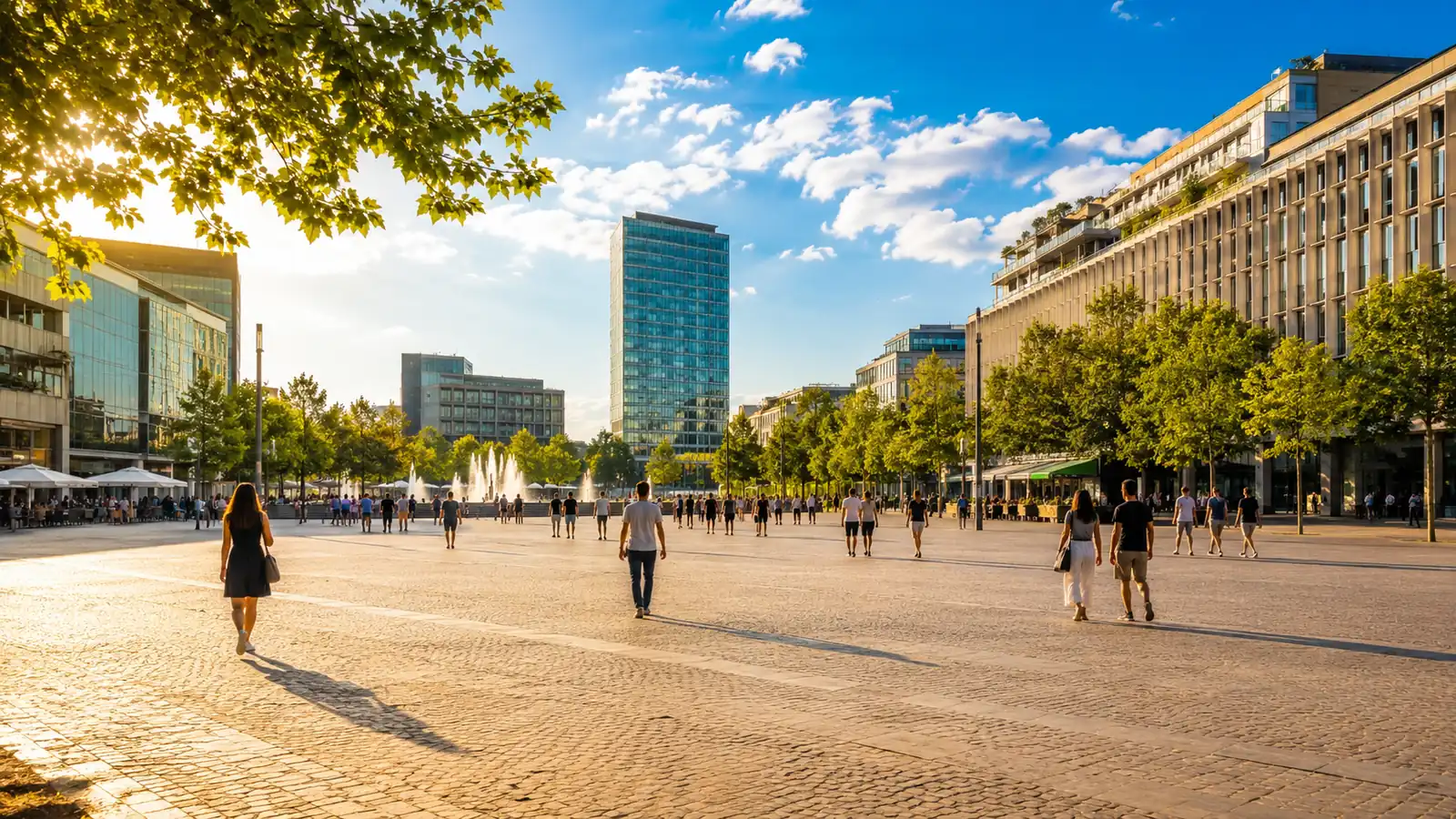 A wide city square in warm afternoon light with people walking at a distance and trees around the edges