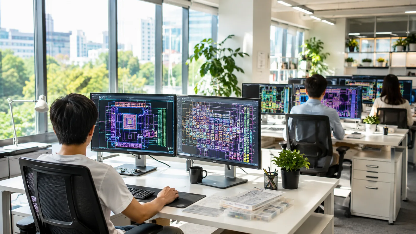 A semiconductor design office at midday, sunlight across desks, large monitors showing abstract circuit layouts, plants and clean white surfaces