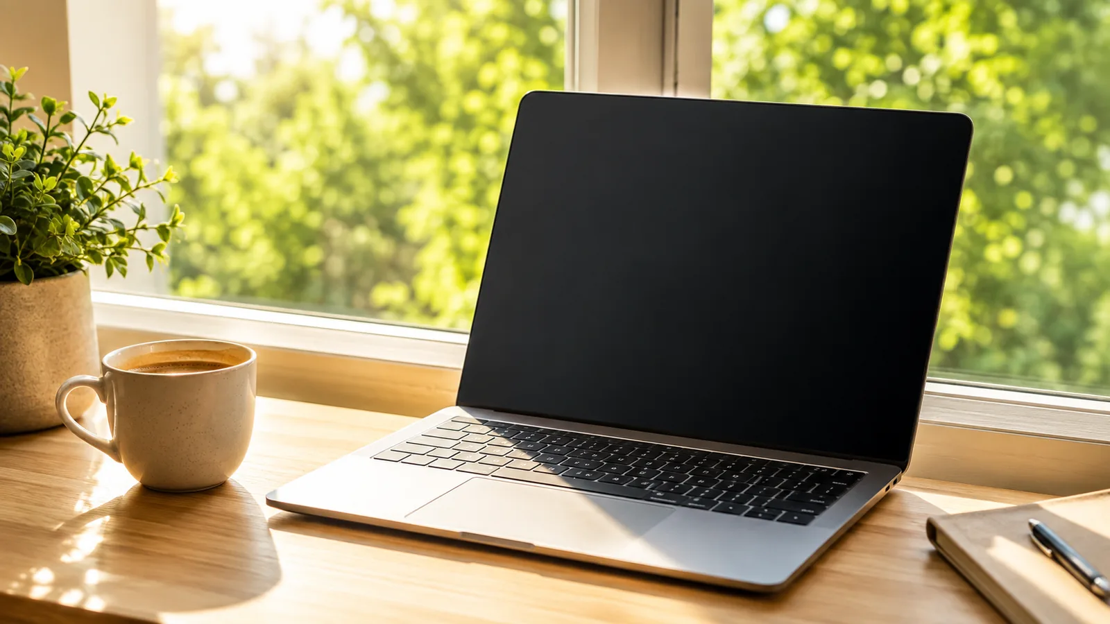 A laptop open on a sunlit desk beside a window, coffee alongside