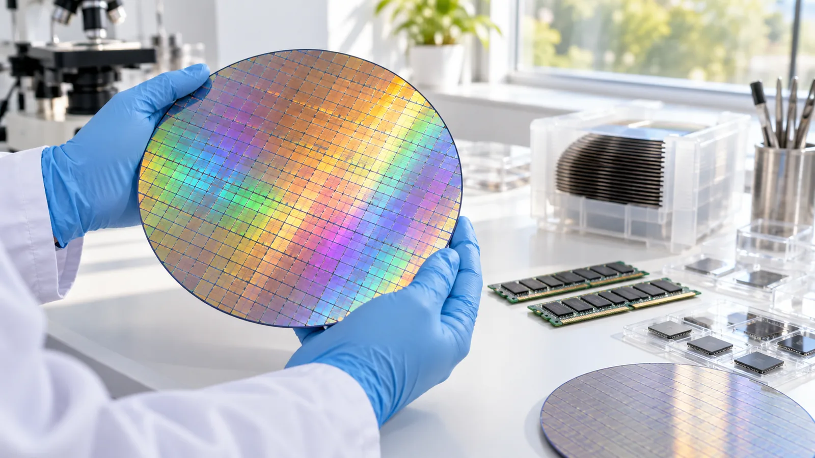 An engineer's gloved hands holding a rainbow-reflecting silicon wafer on a bright lab bench