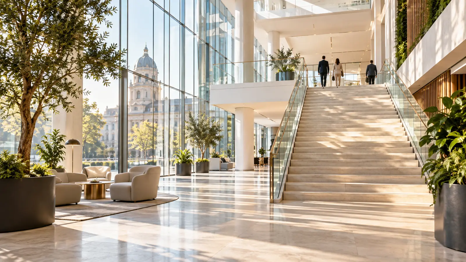 A sunlit European office atrium with pale stone floors, tall glass walls and a wide staircase, with distant figures seen from behind