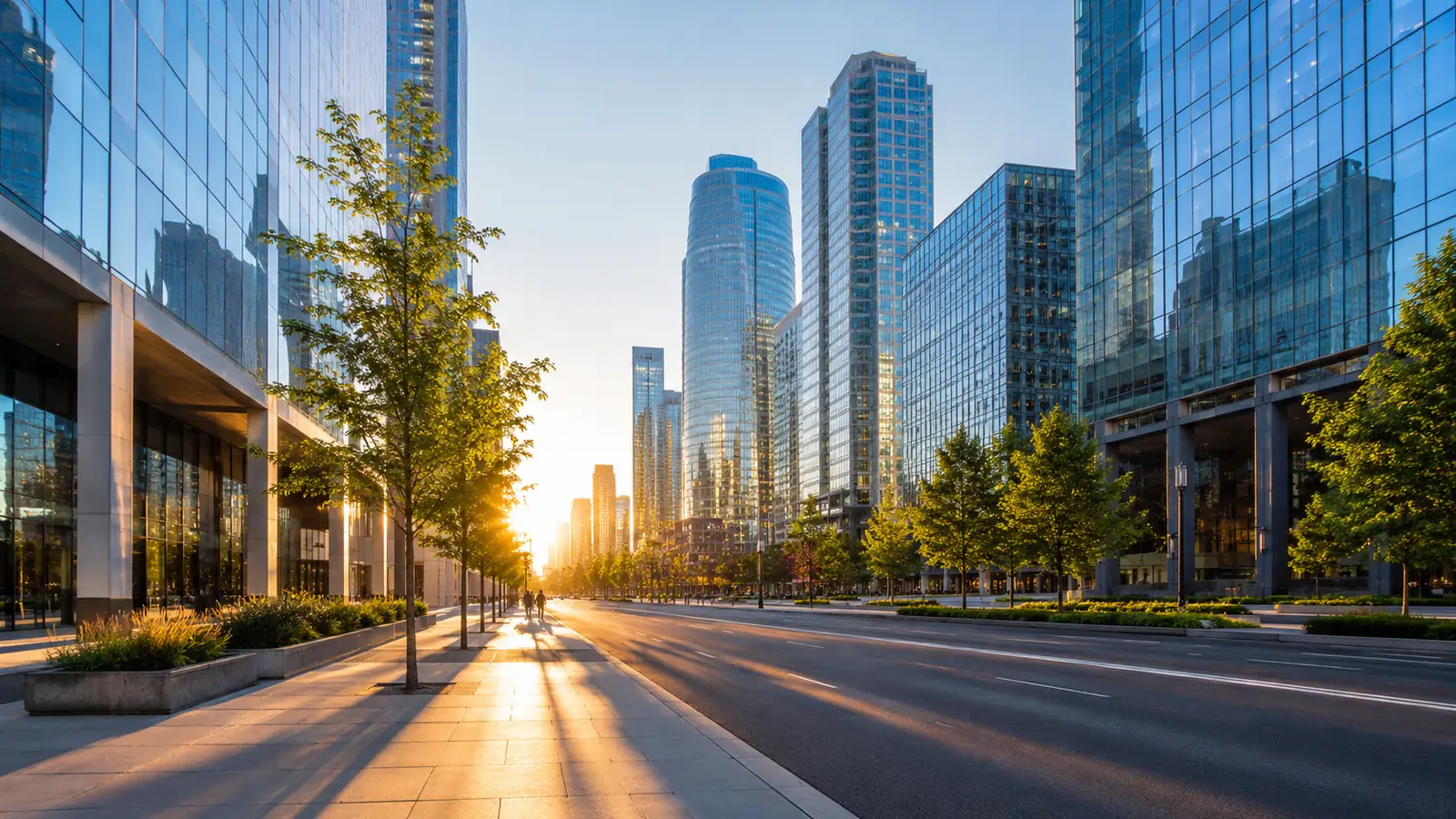 Yeouido at dawn — an empty boulevard and towers in first light