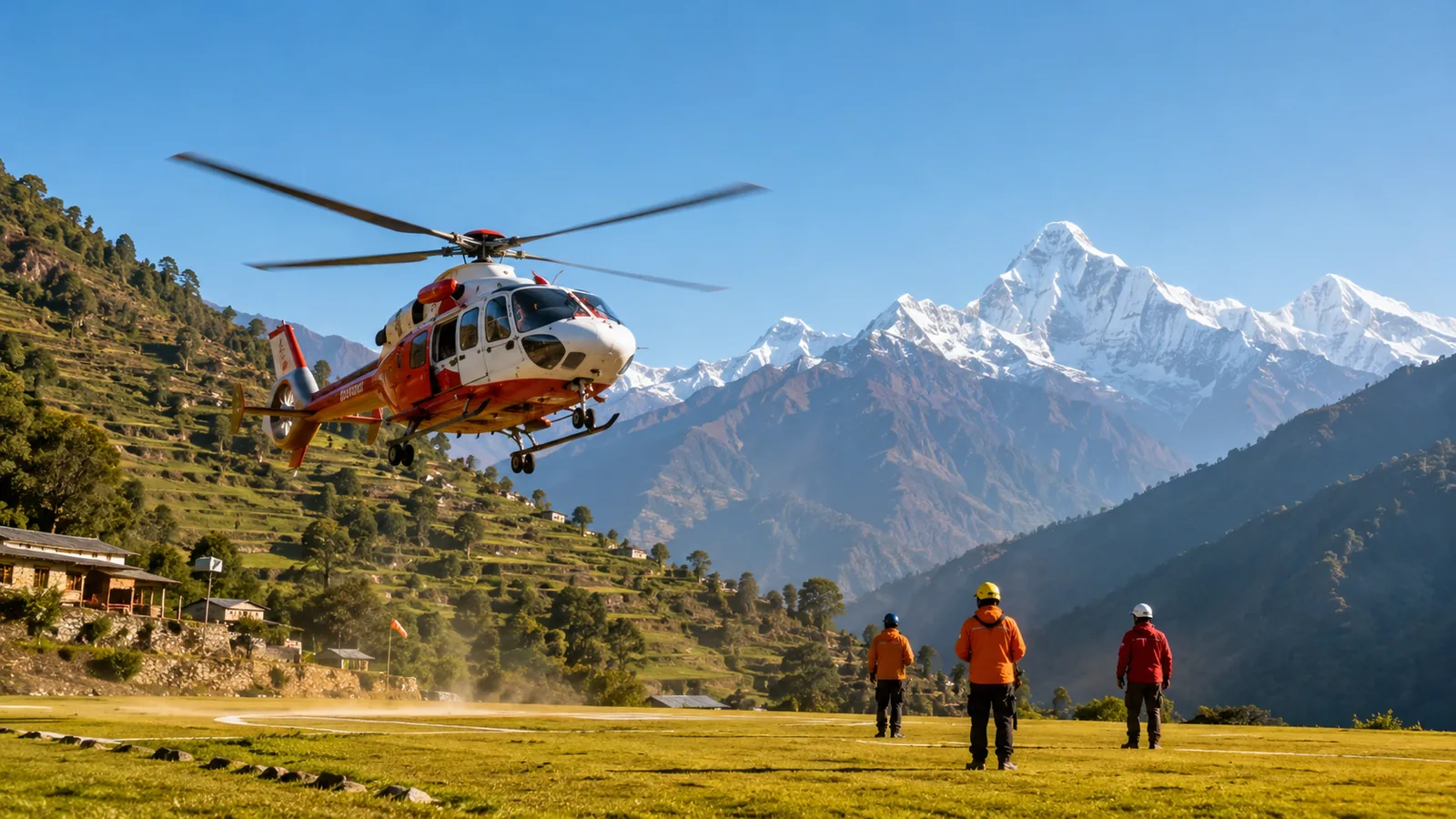 A rescue helicopter lifting off from a grass airfield beside a Himalayan valley in warm morning light, green terraced slopes and snow peaks behind