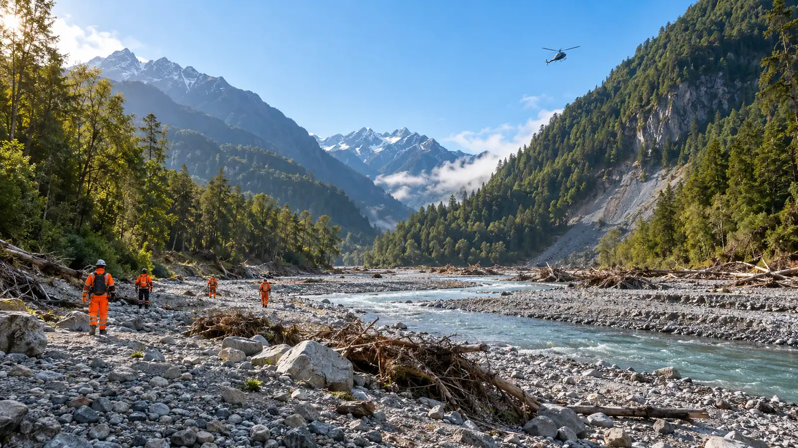A mountain river valley in morning light after floodwaters receded, wide gravel banks and green slopes