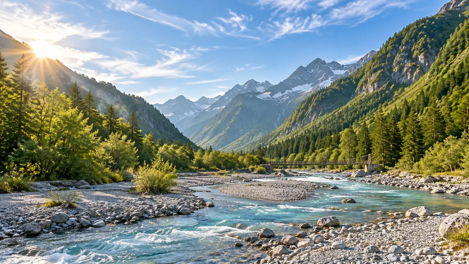 A Himalayan river valley in morning light, a broad gravel riverbed under steep green slopes and a small footbridge in the distance