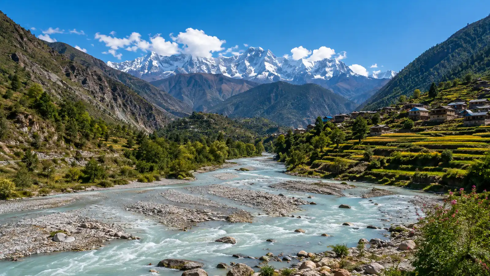 A wide Himalayan river valley in clear daylight with a braided river, green terraced slopes and distant snow peaks