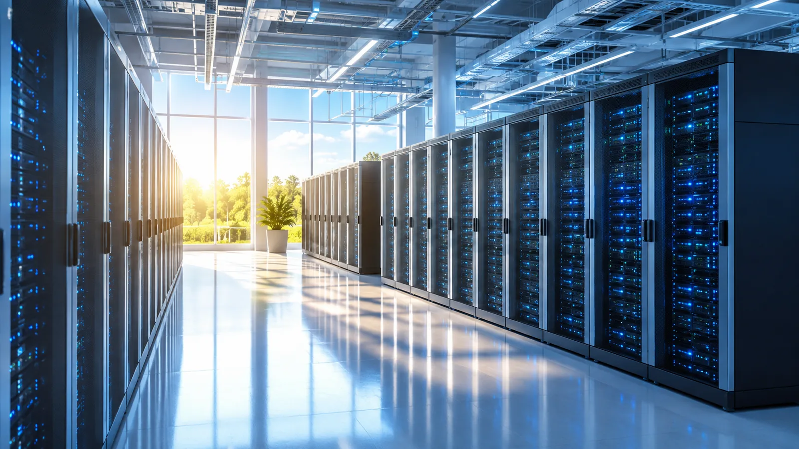 A bright modern server hall with long rows of equipment racks and daylight from tall windows at the far end