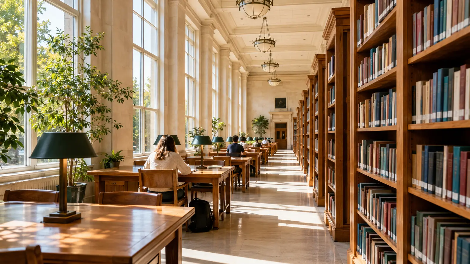 A large library reading hall with tall windows, warm midday light and long rows of shelves stretching into the distance