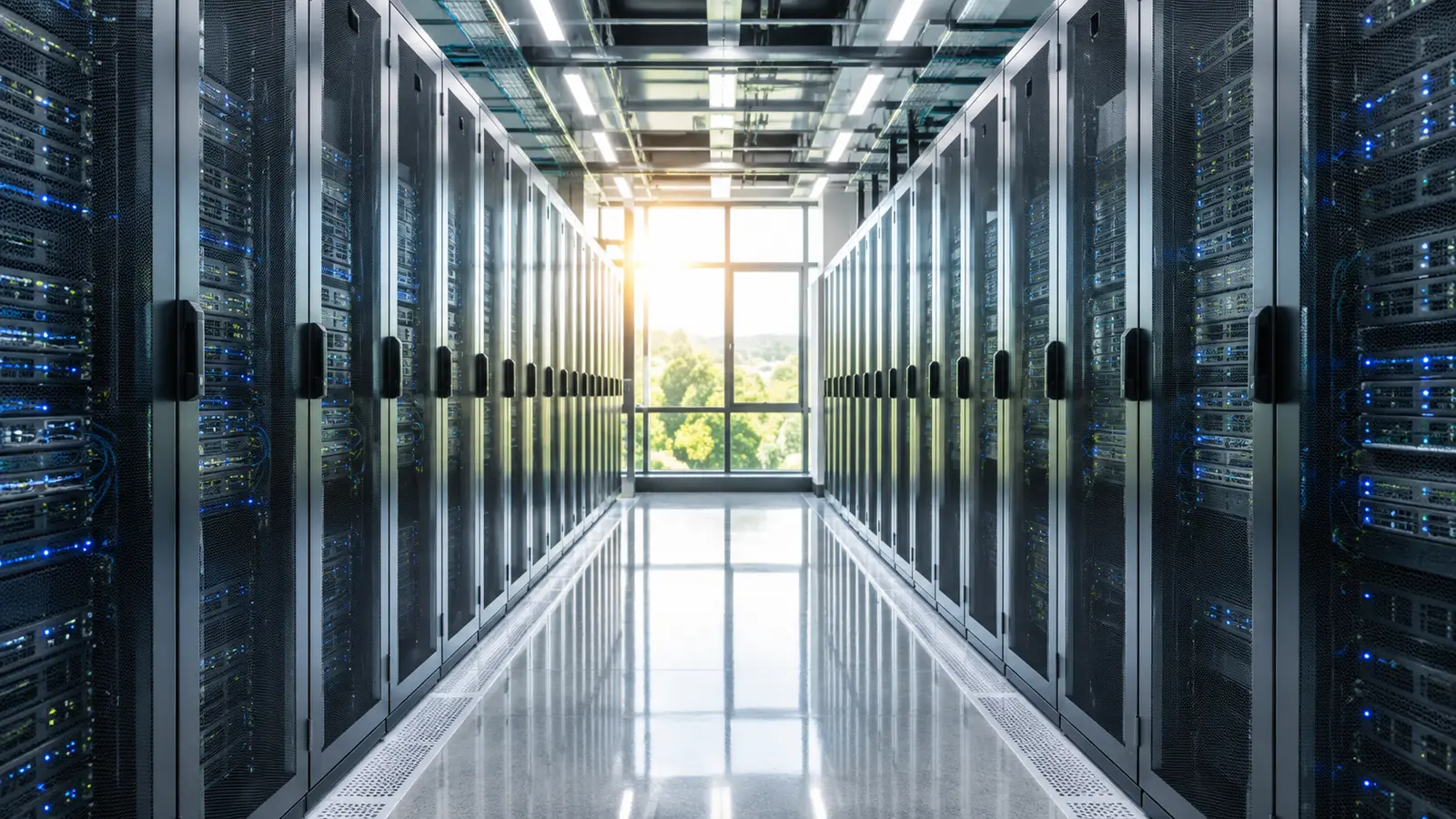 A clean server room aisle under bright lighting with warm morning sun coming through a window at the far end