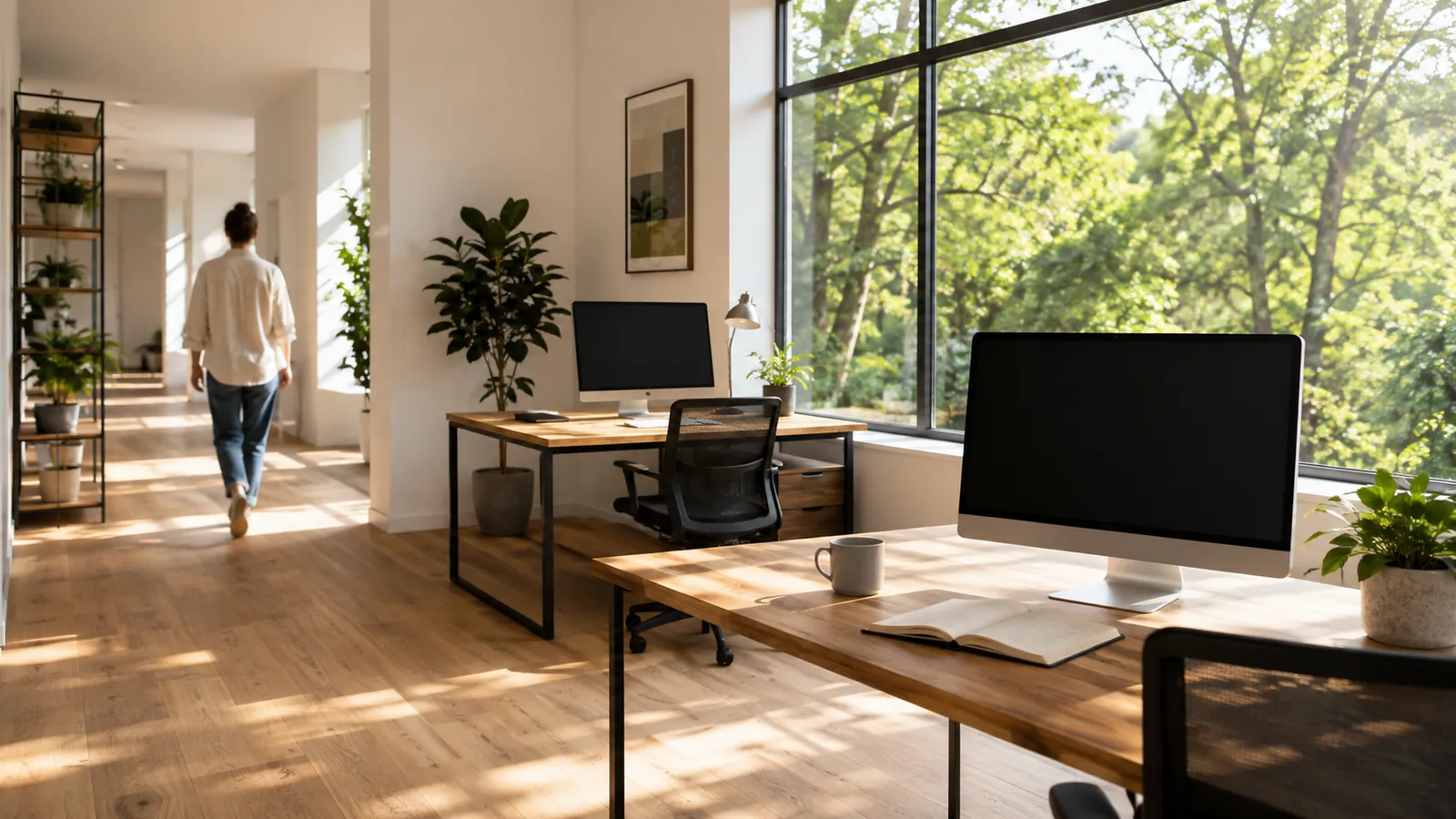 A sunlit modern workspace at midday, two clean desks with switched-off monitors and green trees through a wide window