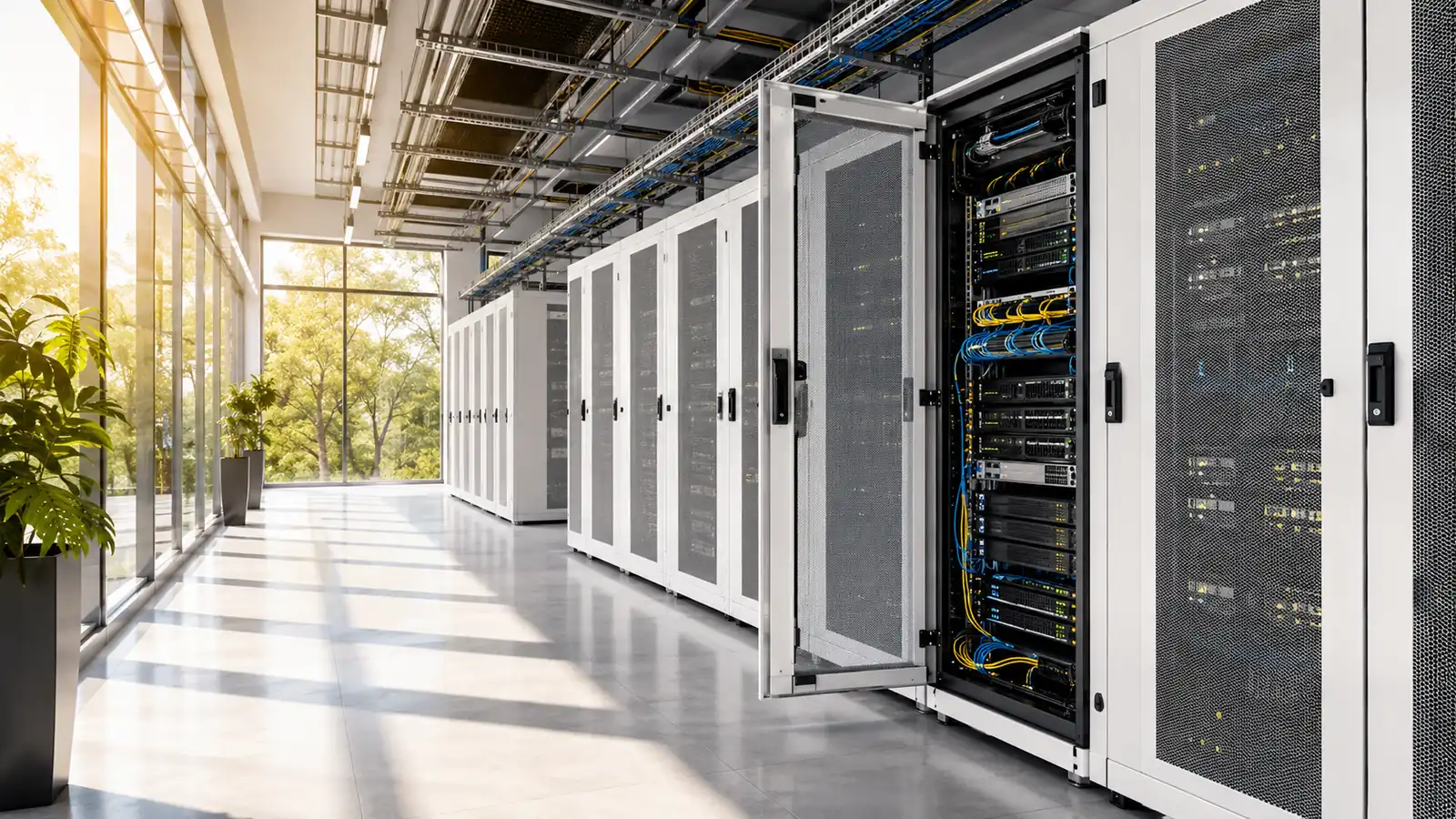 A daylit server room — an open rack door and tidy cable runs
