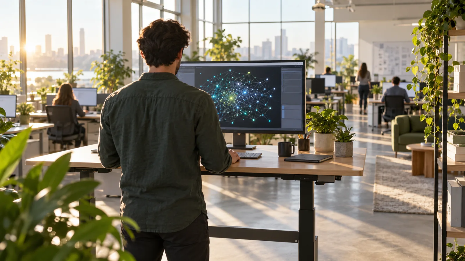 An engineer seen from behind in a sunlit research office, looking at a monitor with an abstract network diagram