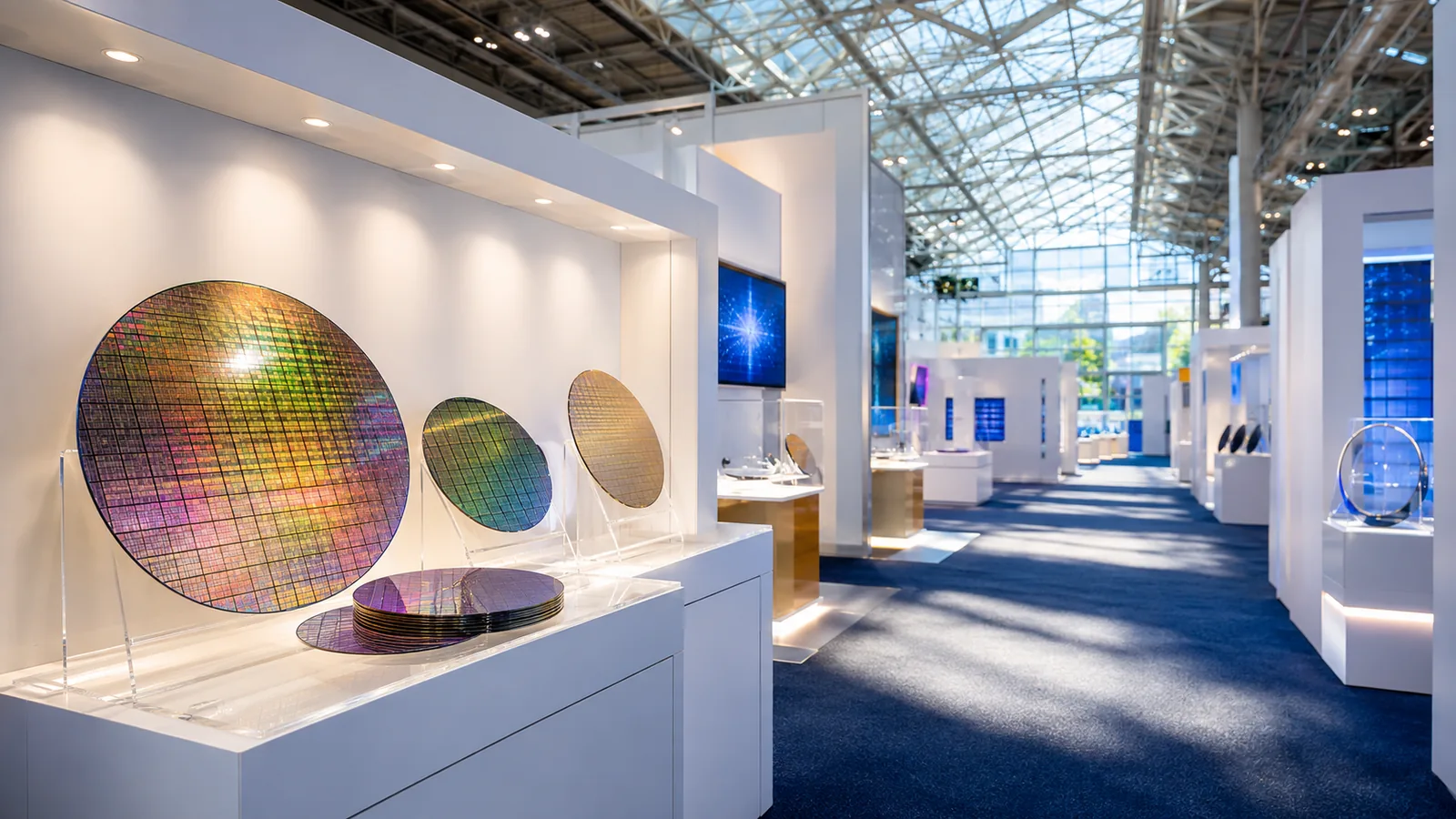 A daylit technology trade show floor with wafer displays