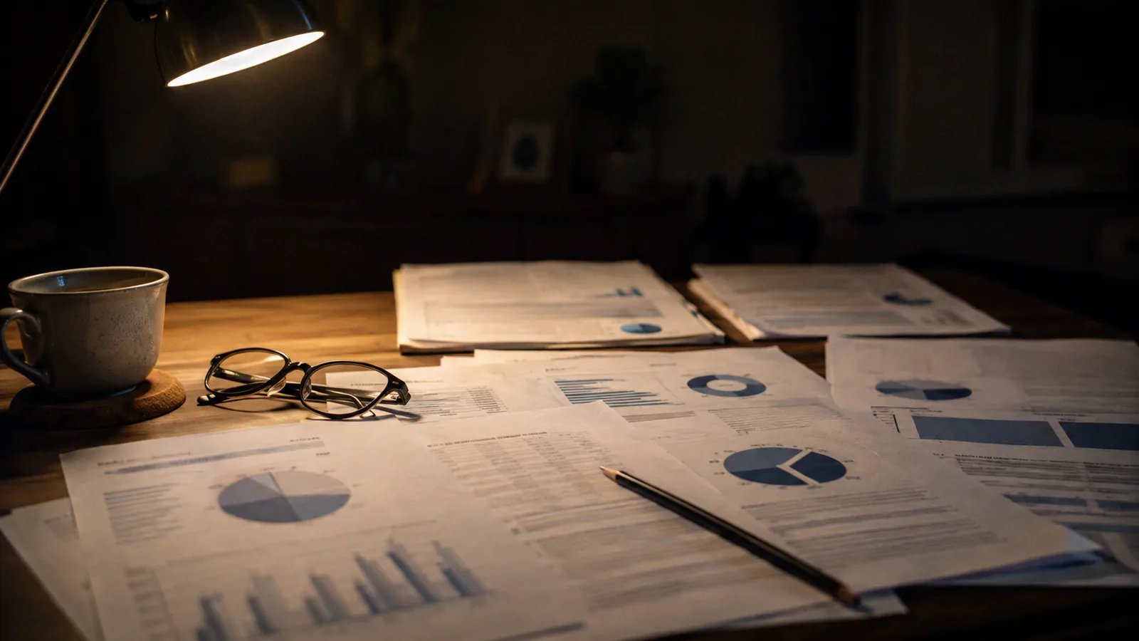 Blurred report pages under a desk lamp at night