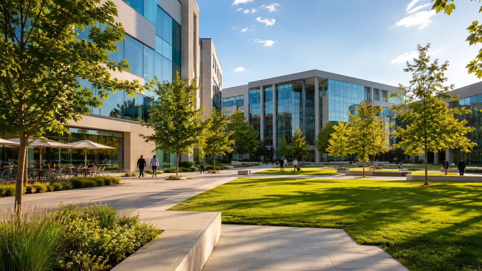 A modern corporate campus courtyard in afternoon sunlight, with lawn and distant figures walking