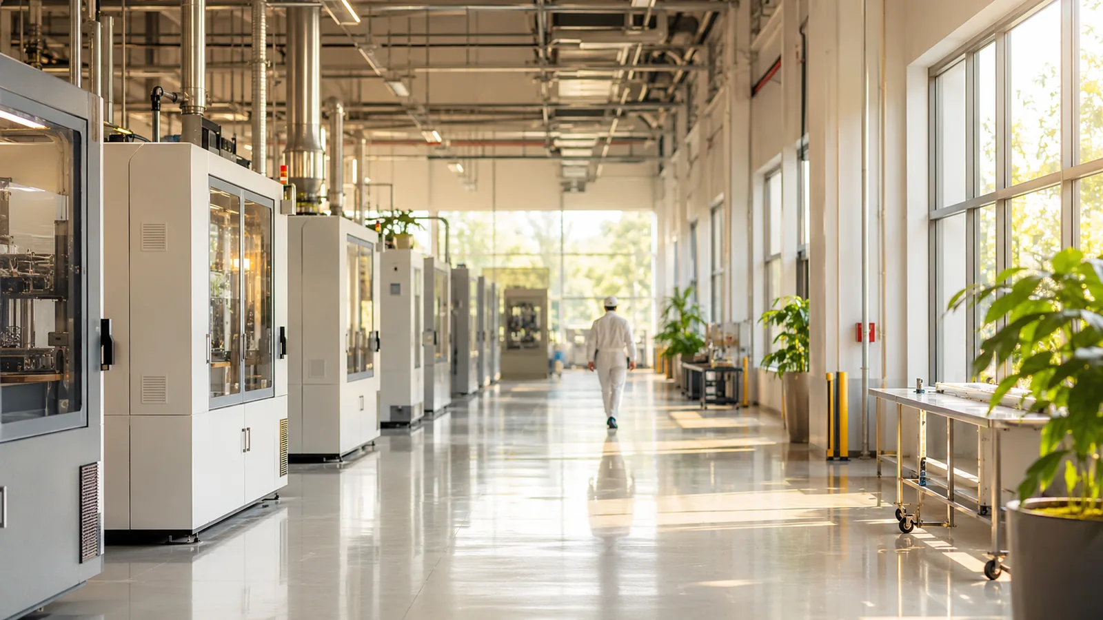 A clean modern factory interior in daylight with rows of pale equipment cabinets and a worker seen from behind in the distance