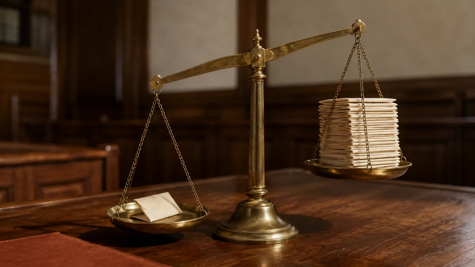A single folded paper slip tipping a brass balance scale against a thick stack of slips on a dark wood desk