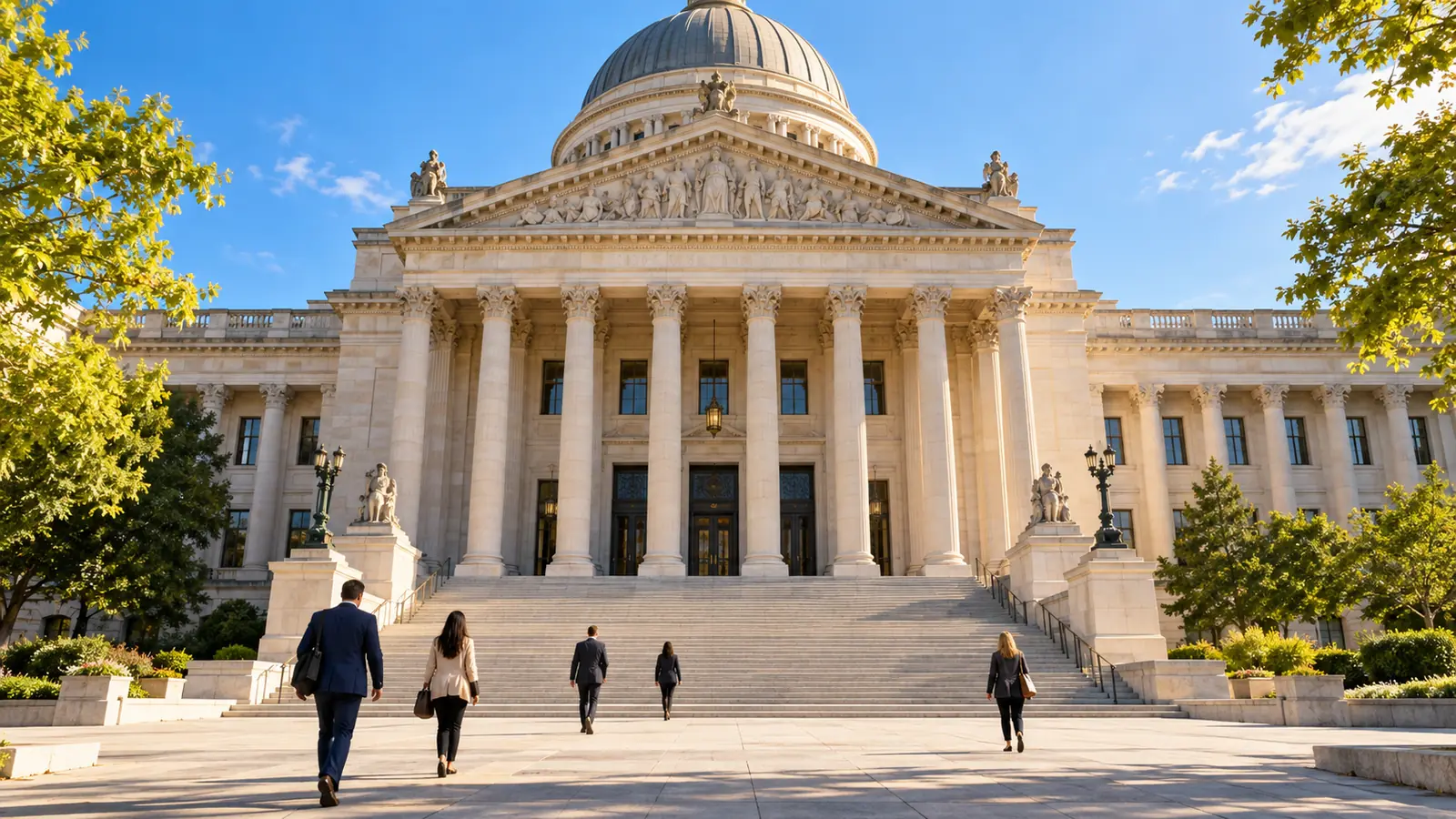 A neoclassical government building facade in morning sunlight, tall stone columns and wide steps under a clear sky