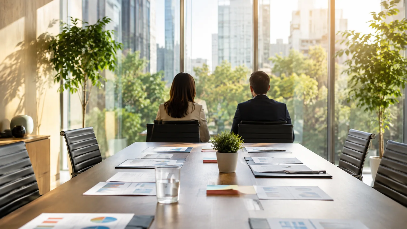 A sunlit meeting room, a long table with documents and two people seen from behind