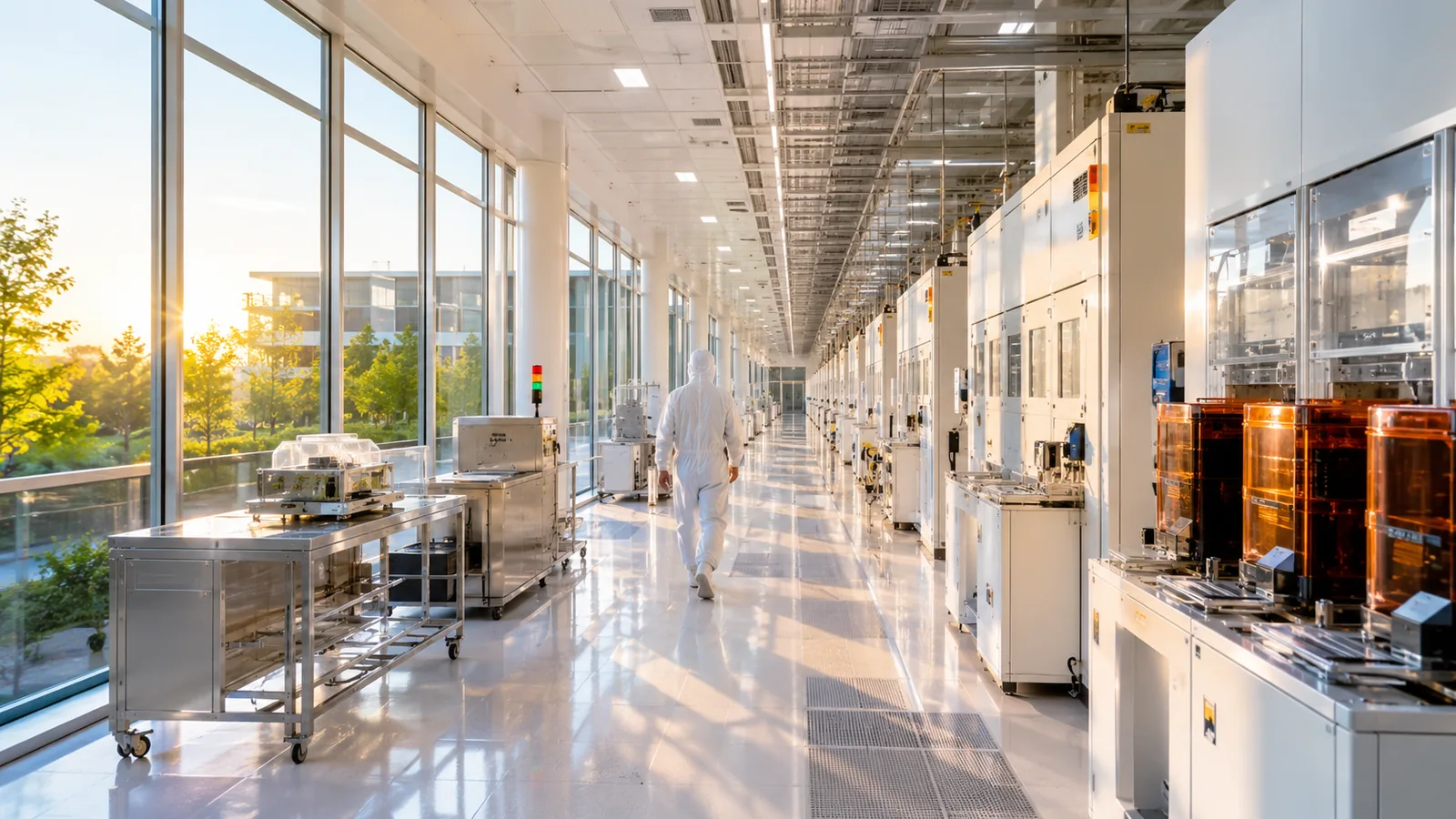 A sunlit semiconductor plant corridor with rows of equipment and a technician far in the distance