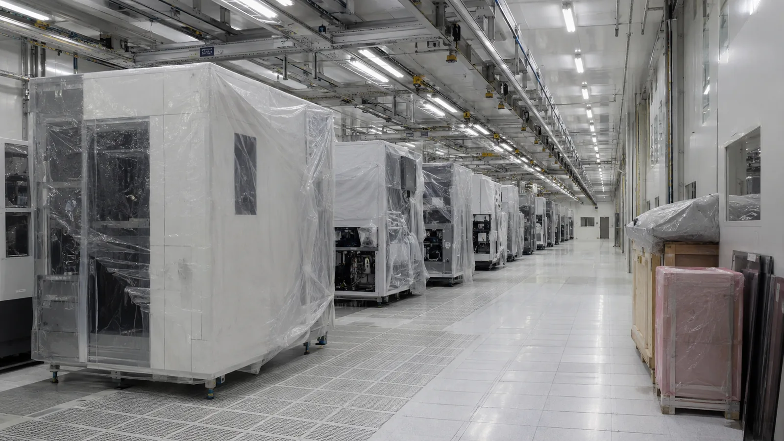 Rows of newly delivered fab equipment still wrapped in protective film inside a bright cleanroom corridor