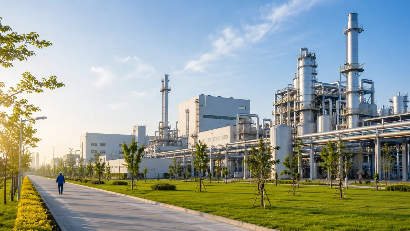 A modern industrial plant complex seen from a distance in clear morning light, white buildings and silver pipework beside green lawns