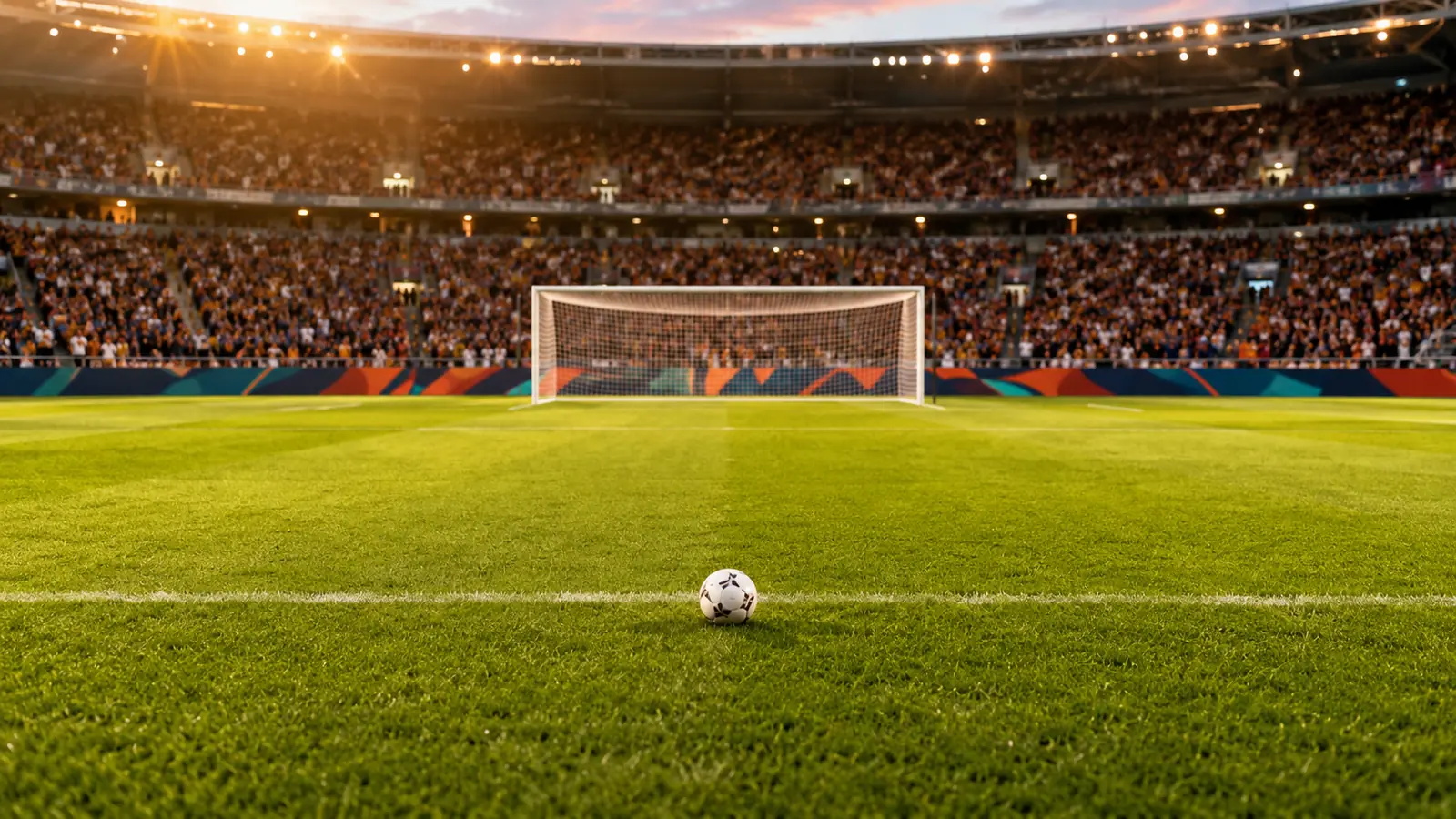 A football pitch under warm evening floodlights, a white ball near the penalty spot and blurred stands behind
