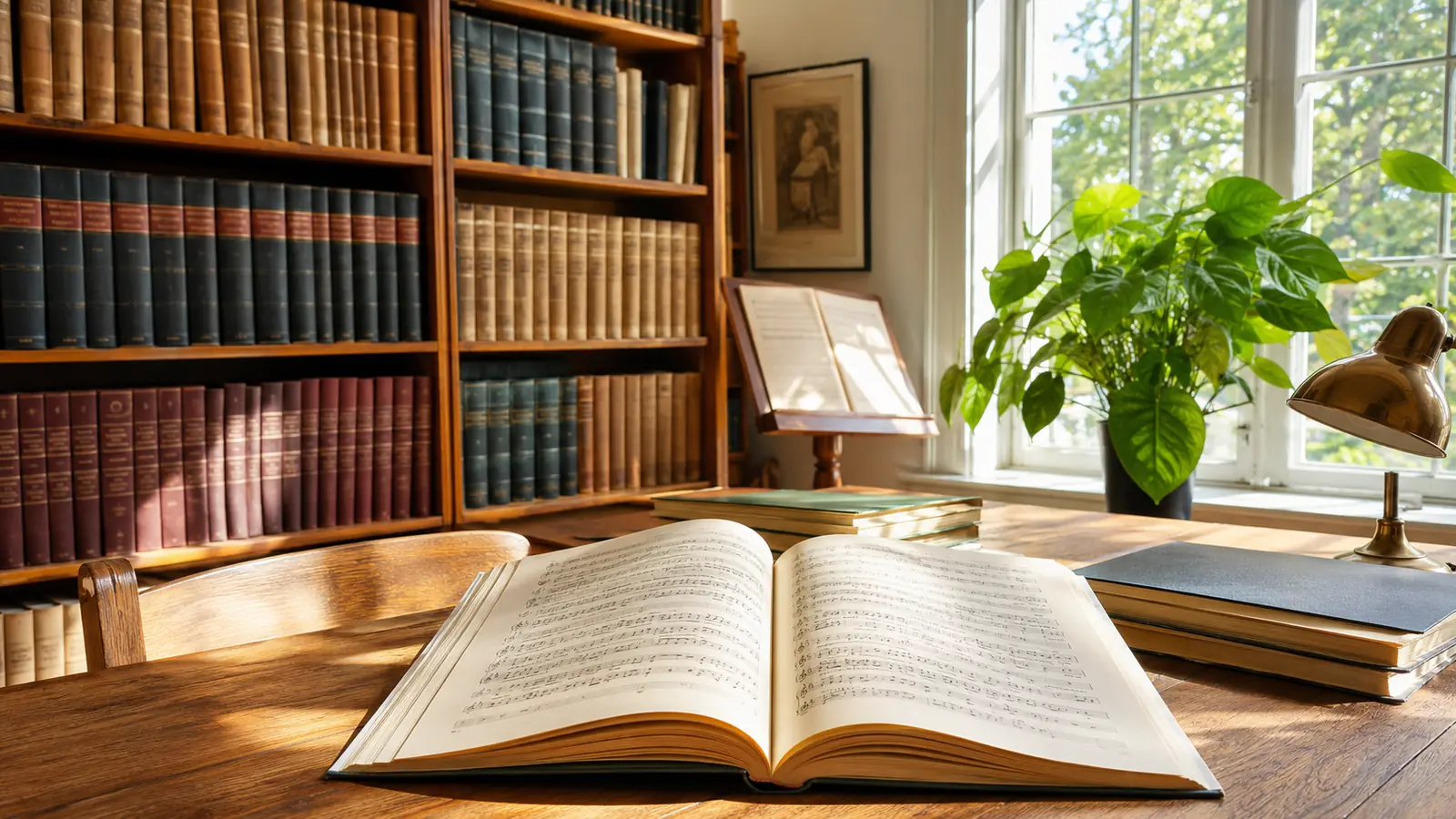 A sunlit music library reading room at midday, shelves of bound sheet-music volumes and an open score on a wooden table