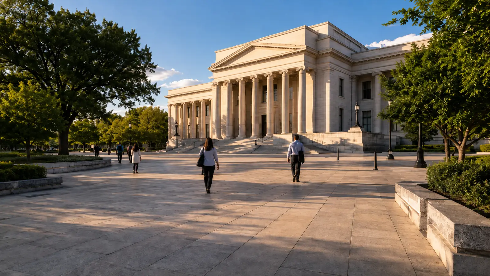 A wide stone plaza before a columned neoclassical government building in warm late-afternoon light, long shadows and green trees