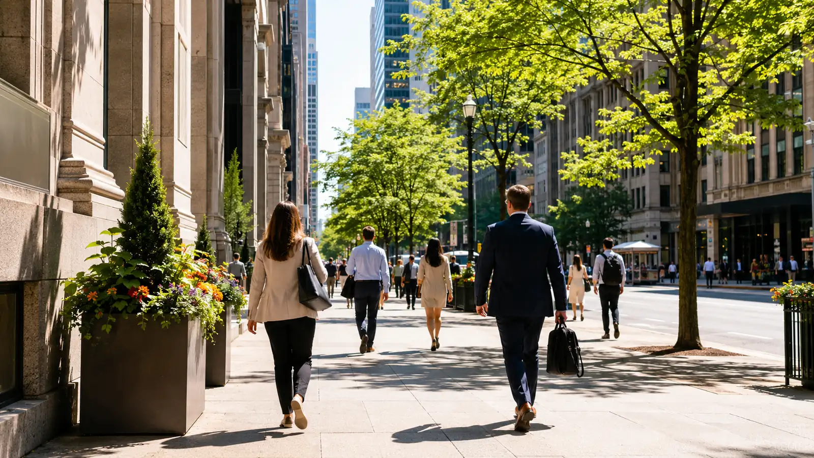 A financial district street at midday, tall buildings and pedestrians seen from behind