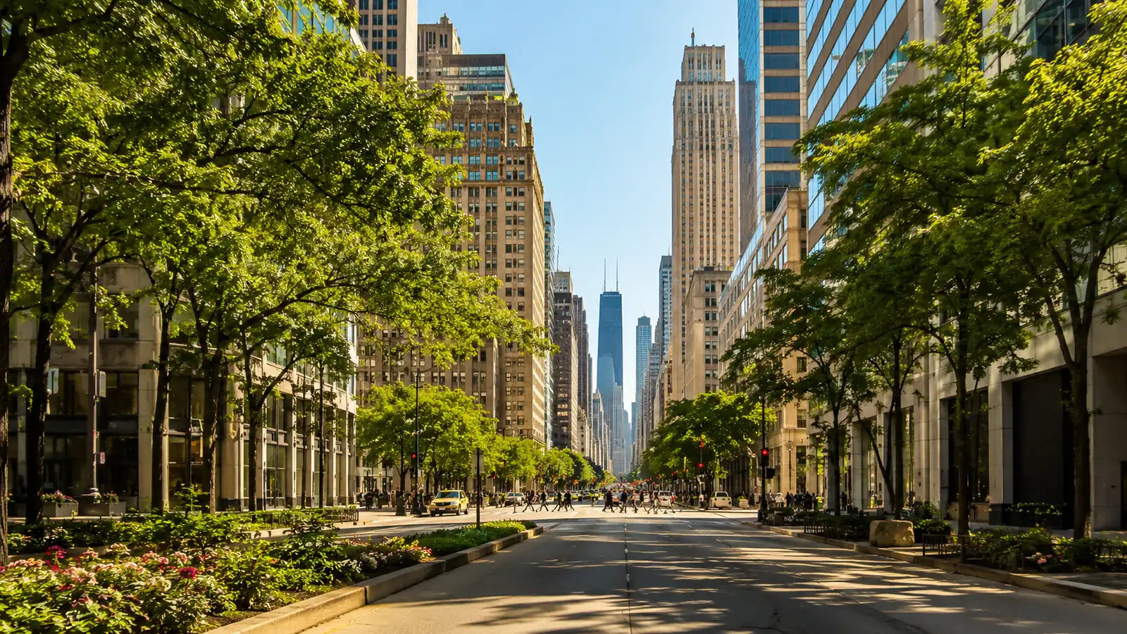 A sunlit avenue between tall buildings in a large American city, with distant pedestrians crossing