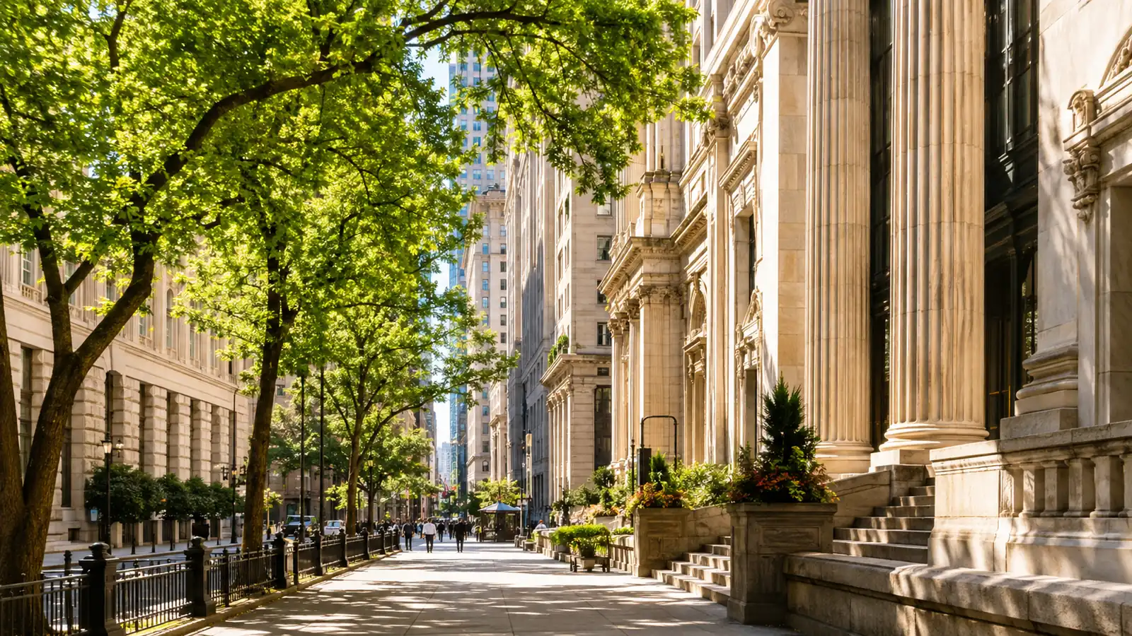 A sunlit tree-lined street of stone office buildings in a financial district on a clear summer morning