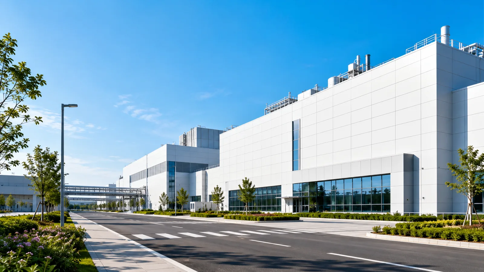 A semiconductor fabrication campus in morning sunlight, low white buildings along a wide access road