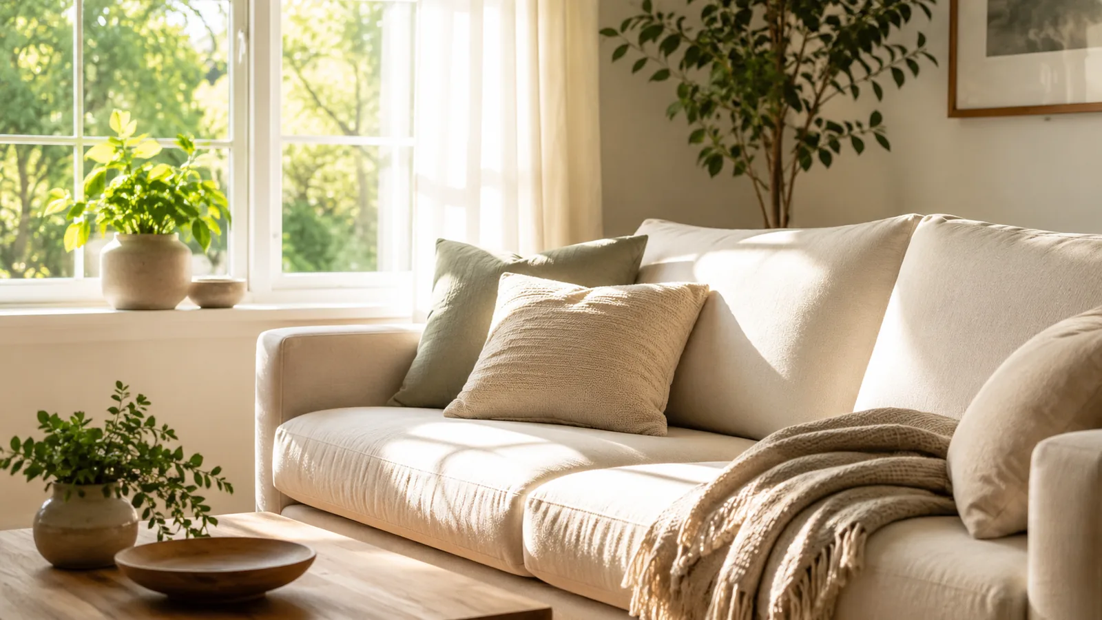 A sunlit living room in the morning, warm light on a light sofa and folded blanket with a plant on the windowsill