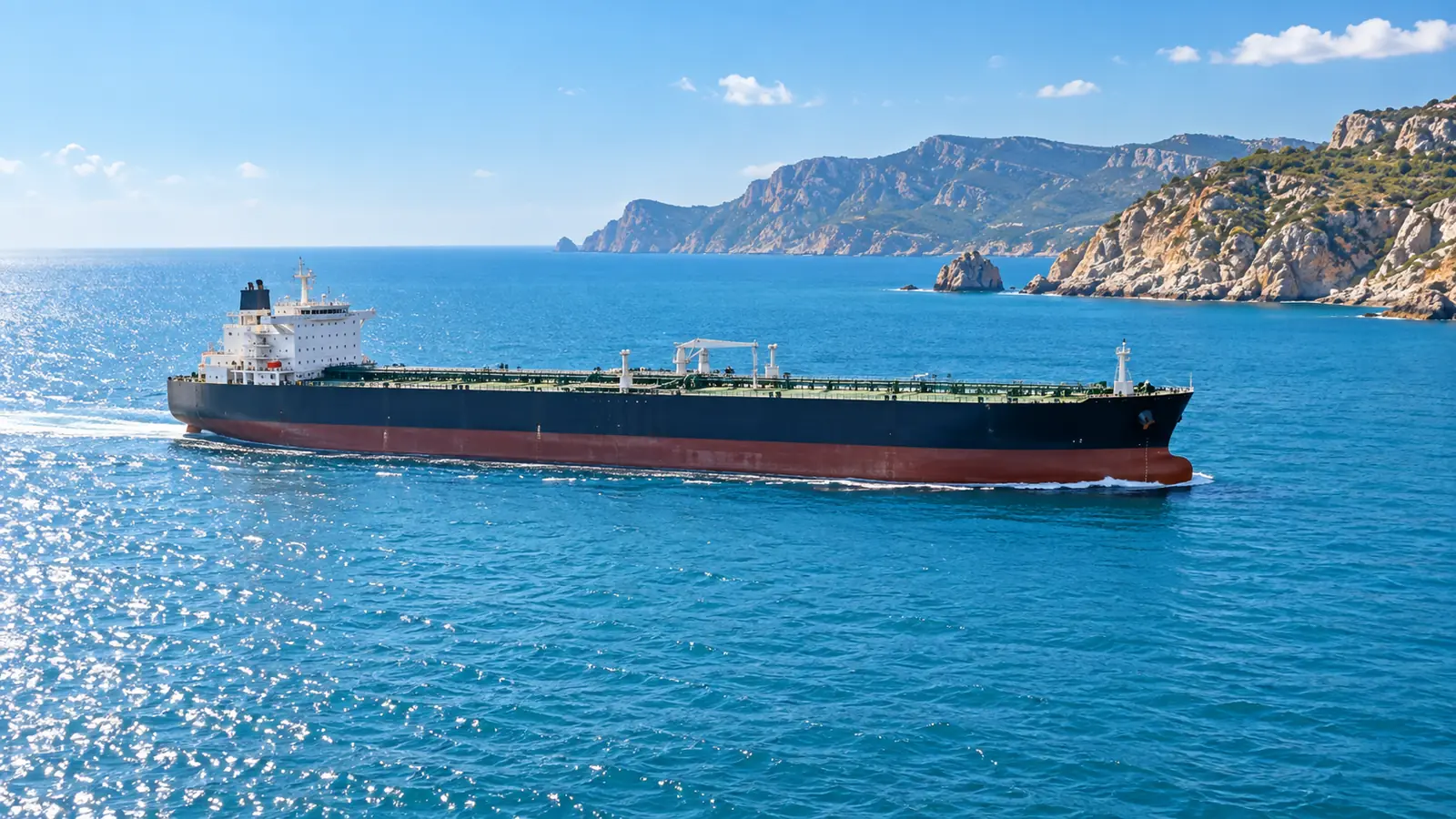 A large oil tanker sailing on a calm turquoise sea under a clear sky with a rocky coastline in the distance