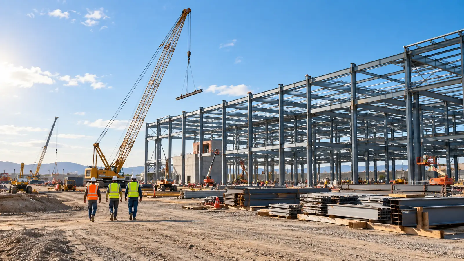 A factory steel frame rising on a clear morning, cranes and stacked materials on open ground