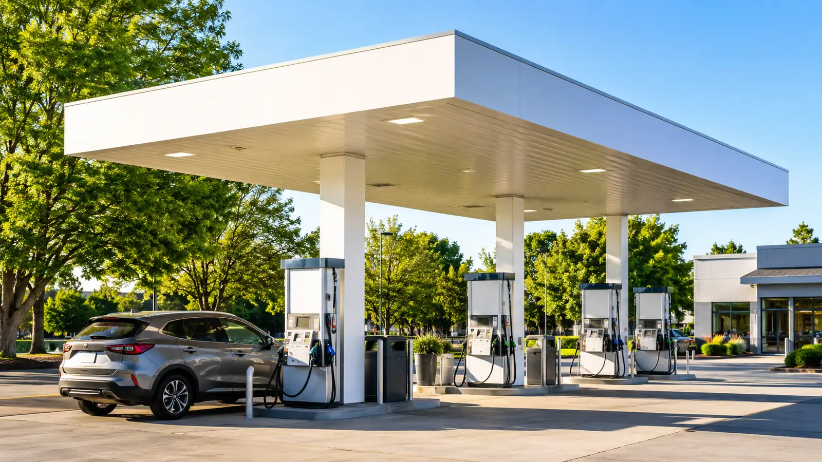 A suburban filling station forecourt in bright morning sunlight, with a white canopy over the pump islands