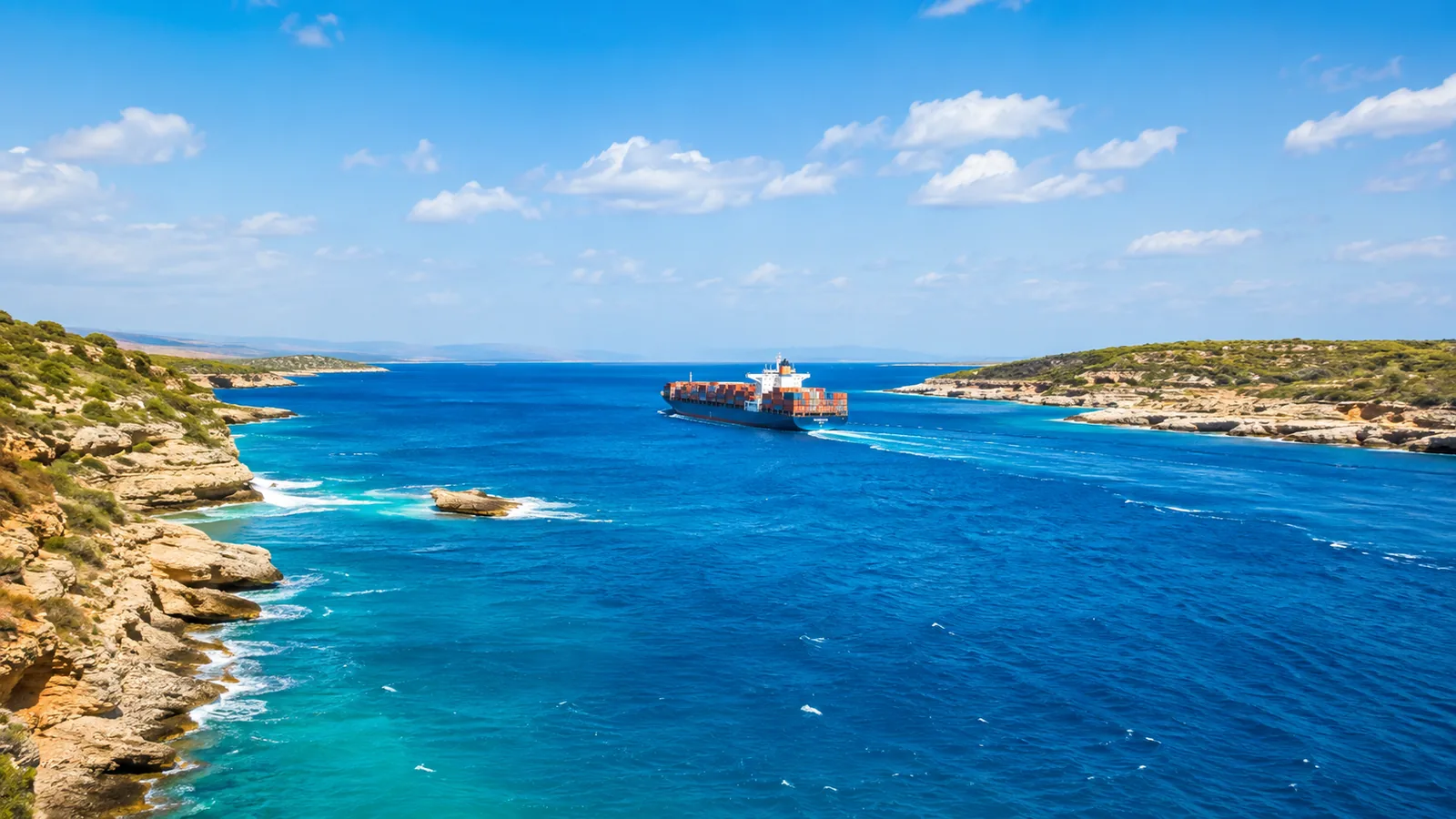 A wide blue sea channel between two low rocky coastlines at midday, a large cargo vessel far off in the deep-water lane