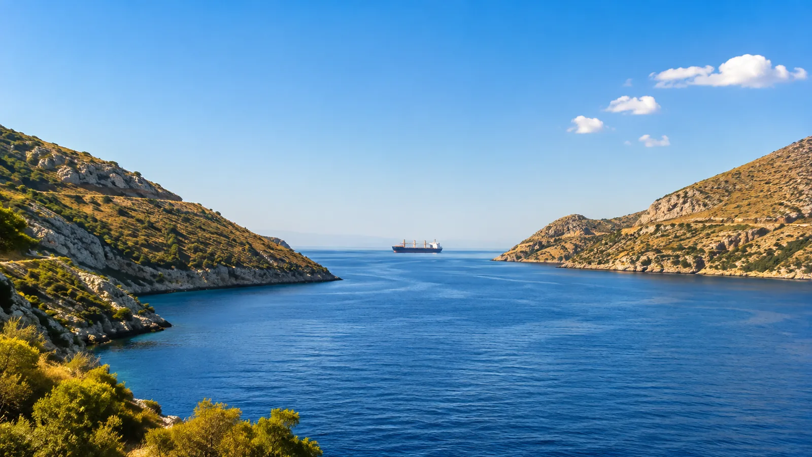 A wide sea channel at midday between sunlit coastal hills, a distant cargo vessel on the horizon