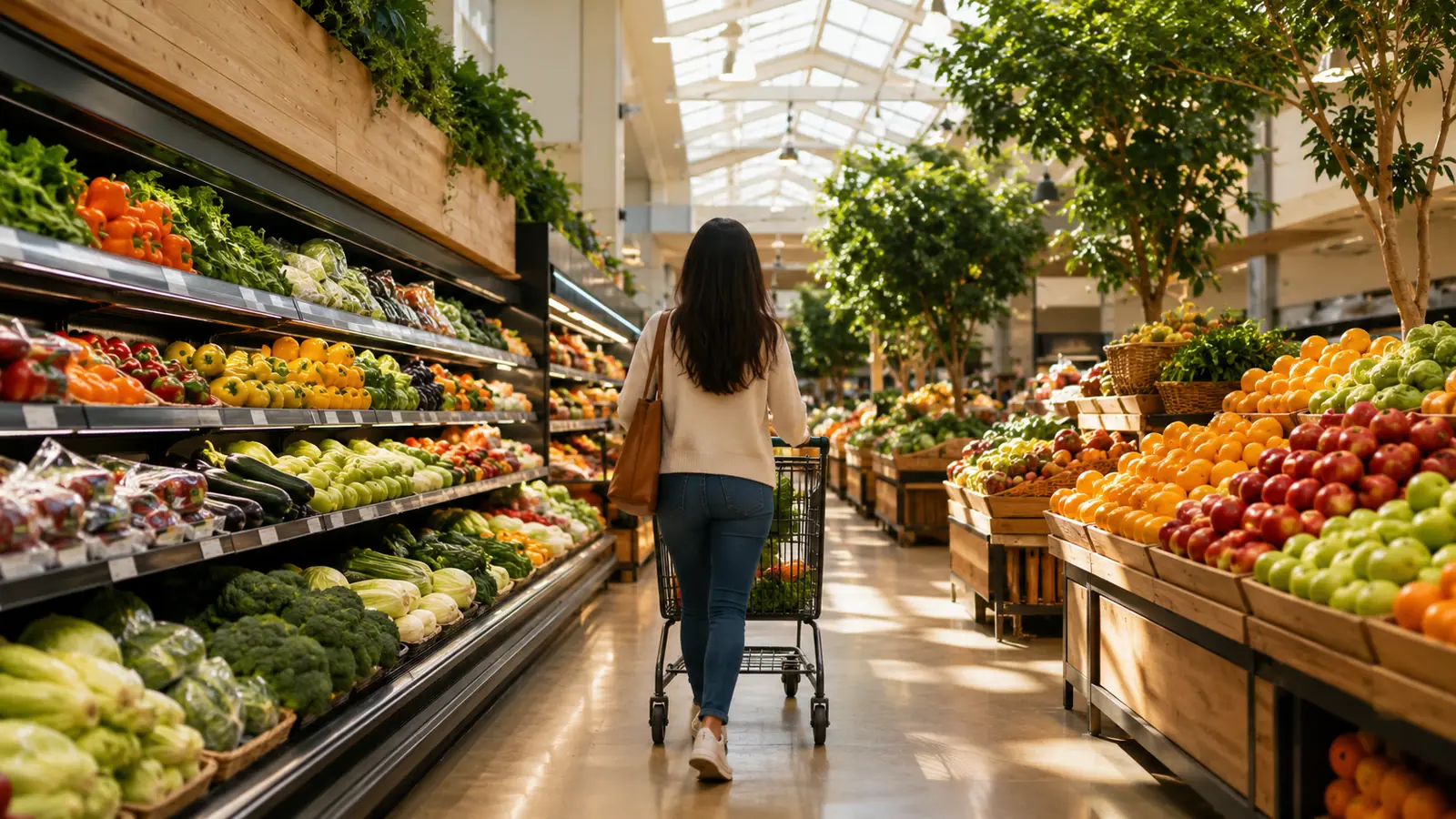 A bright supermarket produce aisle in morning light, a shopper seen from behind
