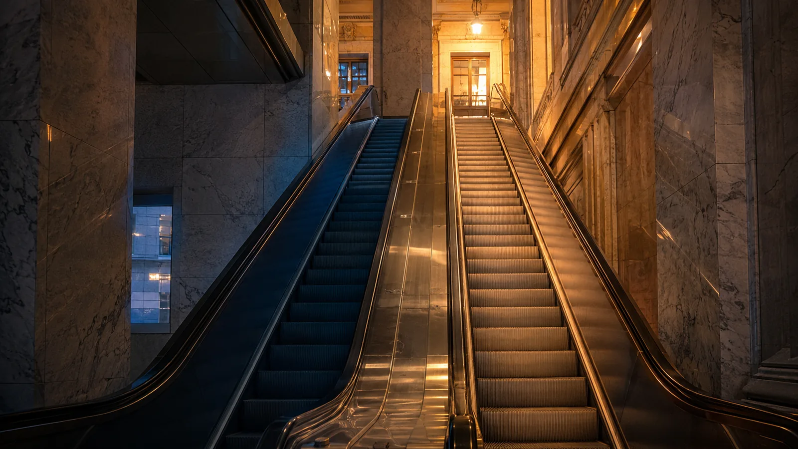 Two empty escalators diverging — one into light, one into shadow