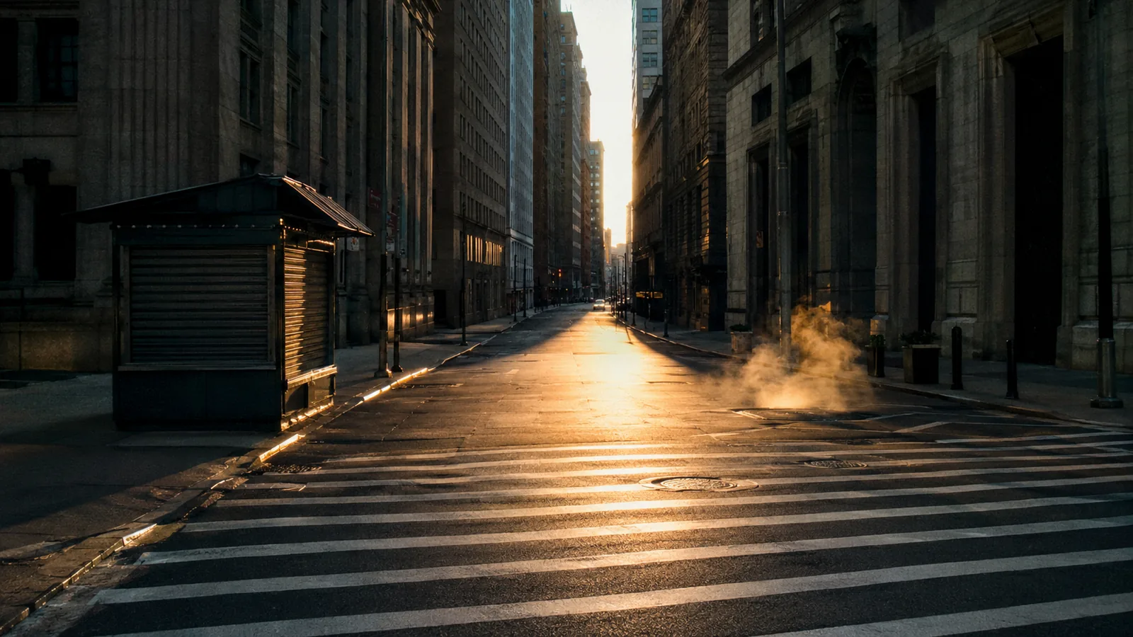 Wall Street at dawn — an empty crosswalk and a shuttered kiosk